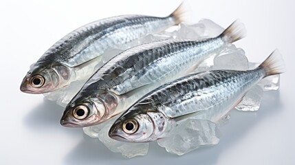 Obraz premium Fresh sprat fish on ice bed with sardines arranged neatly on clean white background