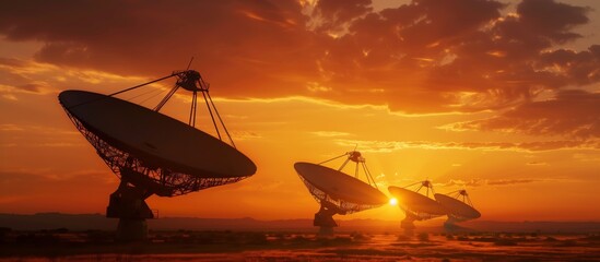 Capture the beauty of Satellite Dishes at Sunrise a picturesque morning scene with silhouetted dishes against a glowing sky as the sun rises. Enjoy the vibrant orange hues in the serene atmosphere