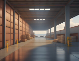 Loading dock in the port. Cargo warehouse. AI Generated. IA 

