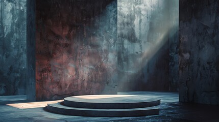 A 3D podium in a room at twilight, the fading light casting long, mysterious shadows.