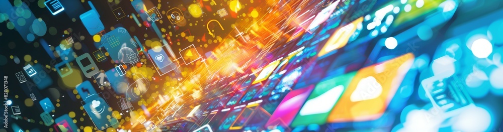 Aufkleber Digital tech background with vibrant icons, bokeh, and light effects symbolize data flow and innovation. Features in futuristic style representing connectivity in a dynamic cyberspace