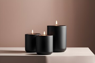 Set of 3 matte black ceramic scented candle containers mockup, product photography background