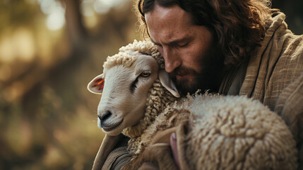 Jesus recovered the lost sheep carrying it in his arms. Biblical story conceptual theme