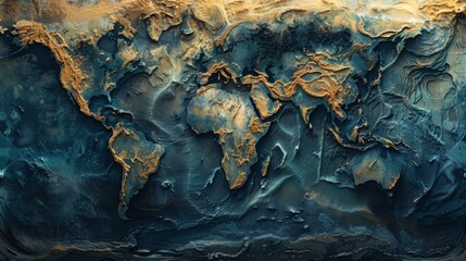 A topographic-style digital world map wallpaper showcasing the world's terrain in intricate detail, overlaid with digital data layers depicting real-time information such as weather patterns