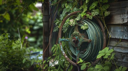An old, dirty garden hose on a weathered wheel mount, set amidst a lush but untidy garden