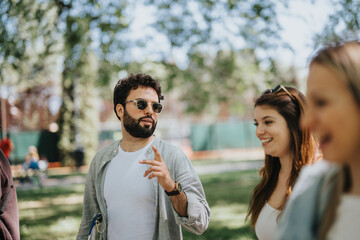 A group of friends shares a joyful moment together outdoors in a park, laughing and enjoying their free time on a sunny day.