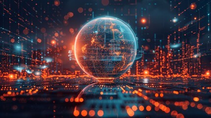 Obraz premium Digital world globe with real-time city data, Cityscape integration, Dynamic weather patterns visualization, Time zone delineation, Network security overlays, Dynamic city data integration