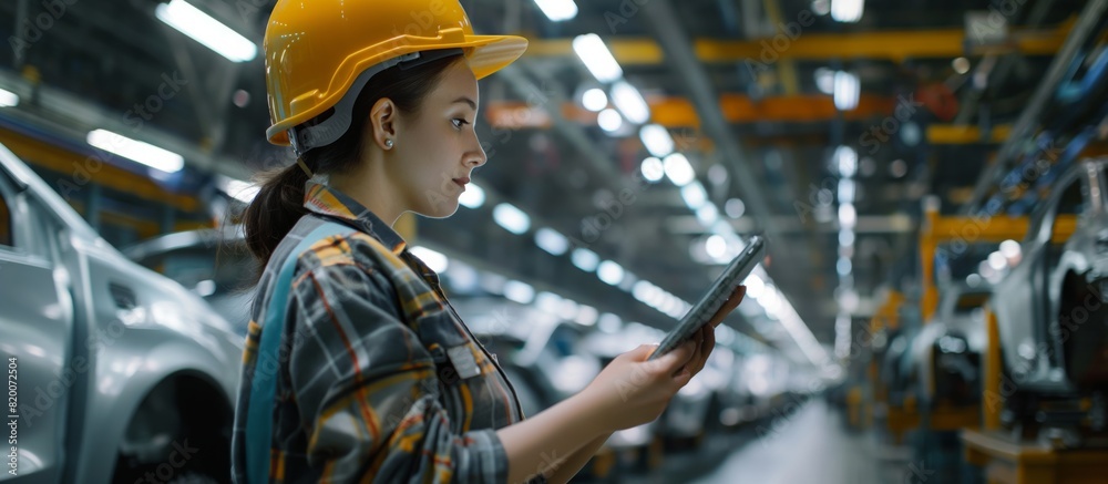 Poster female engineer wearing a hard hat is using a tablet in a car manufacturing plant. she is involved i