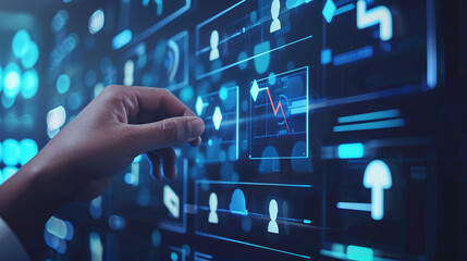 Hand touching virtual screen with graphs and charts. Business and technology concept
