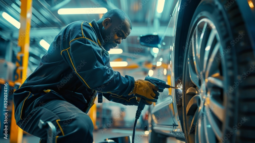 Poster a mechanic is working on a car in an auto repair shop, using a cutting wheel tool. this side view sh