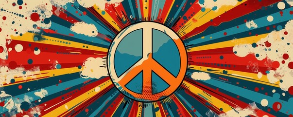 A peace sign is painted on a vibrant and colorful background