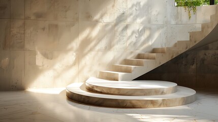 A 3D podium in a room with shadows from a spiral staircase, adding a sense of movement and dynamism.