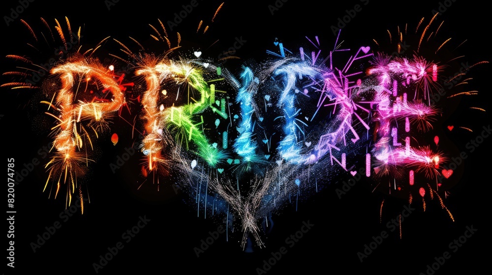 Fototapete Image of PRIDE text and rainbow heart and fireworks exploding on black background
