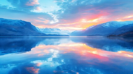 Fototapeta premium The water in the lake ripples gently. Reflecting the bright hues of the sky. 