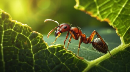 close-up of a worker ant on a green leaf, sun shines from a hole on the leaf - Powered by Adobe