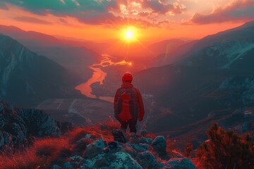 A man is standing on top of a mountain looking at the sunset