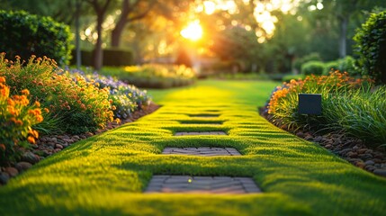 The image showcases a serene hospital garden bathed in golden sunlight, providing a peaceful retreat for patients and staff alike.