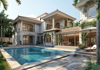 Fototapeta premium Luxury Modern Villa with Pool and Courtyard