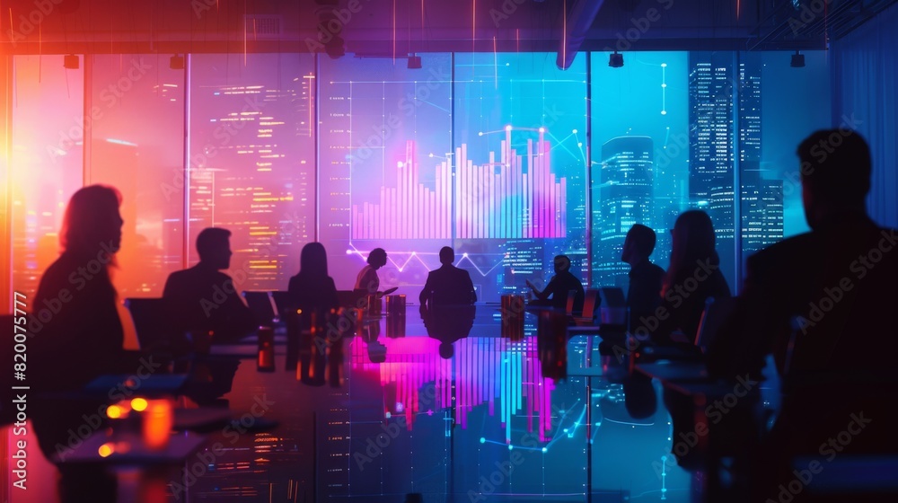 Poster A dynamic business meeting with a projected graph showing quarterly results, highlighting company progress.