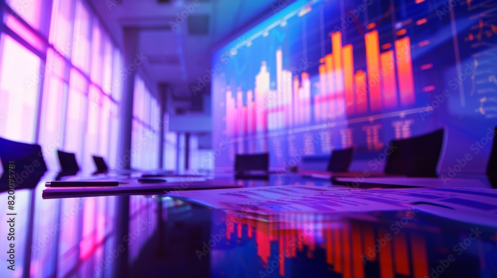 Poster A dynamic business meeting with a projected graph showing quarterly results, highlighting company progress.