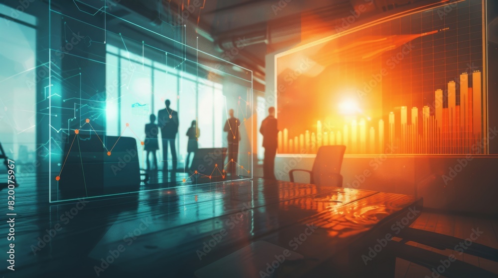 Poster A dynamic business meeting with a projected graph showing quarterly results, highlighting company progress.