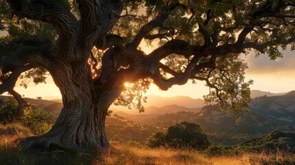 Fototapeta premium Close-up of a grand oak tree, radiant sunset lighting up the sky, distant mountains framing the scene