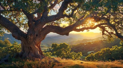 Close-up of a grand oak tree, radiant sunset lighting up the sky, distant mountains framing the scene