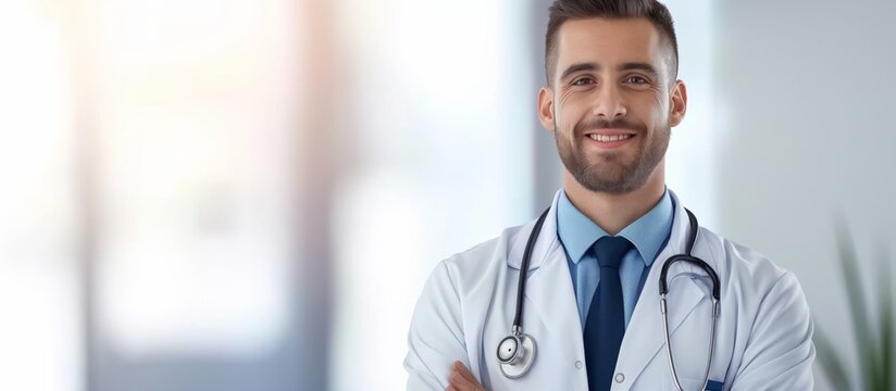 A young male doctor exudes confidence and warmth in a hospital setting. His friendly smile reflects professionalism in healthcare practices, conveying trustworthiness and reliability