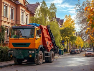 A yellow and green dump truck is driving down a street. The truck is parked in front of a house