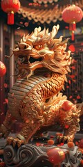 Fototapeta premium Golden Dragon Playing with the Pearl