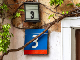 Address signs on an old wall covered with vines.