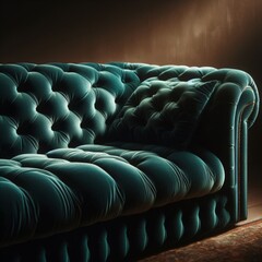 Obraz premium luxurious, tufted velvet sofa with deep button details, rich and plush texture, in a deep shade of teal with warm and ambient lightin