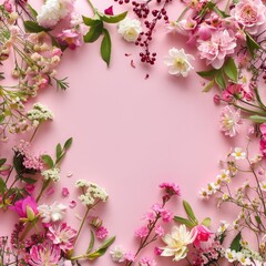 Obraz premium Beautiful delicate flowers on a pink background. Abstract layout of a color frame with space for text. An invitation to a wedding. The concept of International Women's Day, Mother's Day.