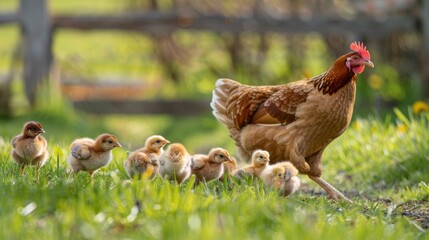 Fototapeta premium A group of adorable baby chicks following their mother hen closely as they explore the grassy grounds of a farm.