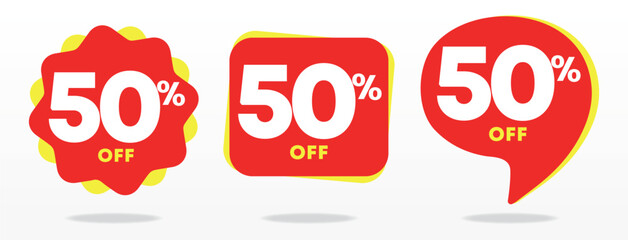50% off. Discount price, value. Special offer tag, sticker. Advertising red, yellow, business. Campaign shop, sales, retail, store. Set, vector, icon