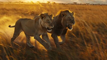 Lions in the Wild African Savanna, majestic beauty and dangerous
