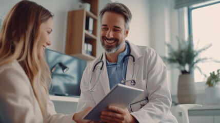 In a modern medical office, a doctor provides professional healthcare services with a friendly and positive approach towards treatment and support, consulting a patient with care and expertise