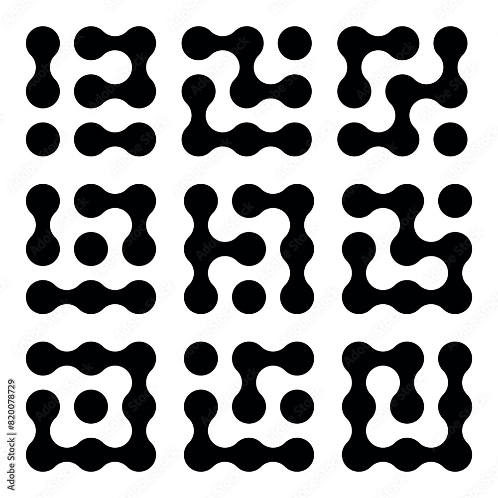 Wall mural set of black liquid connected circle dots.metaballs pattern on white. abstarct geometric shapes coll