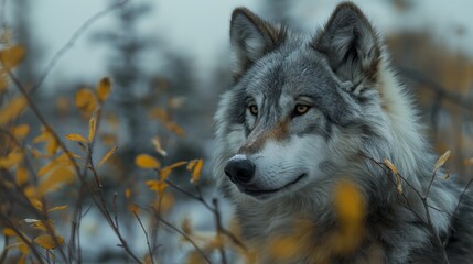 Fototapeta premium A graceful wolf stands against the background of autumn nature, his gaze is directed into the depths of the forest