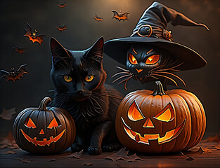 halloween background with pumpkin and bats. Black cat