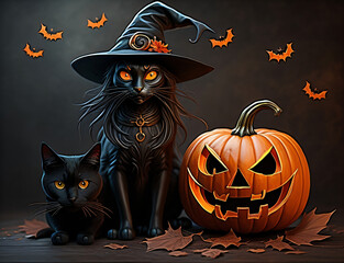 halloween background with pumpkin and bats. Black cat