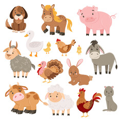 Obraz premium Cute farm animals collection with pig, cow, horse, sheep, goat and other characters. Doodle countryside animals set in cartoon style for kids and baby design. Vector illustration.