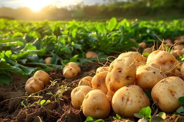 a pile of freshly harvested potatoes in a field, with soft focus on the green foliage in the background