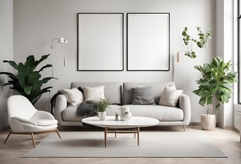 "Stylish modern apartment living room with white sofa, potted plants, blank canvas picture frame mock-up. Contemporary home decor design."