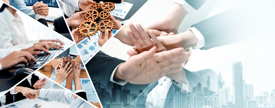 Teamwork and human resources HR management technology concept in corporate business with people group networking to support partnership, trust, teamwork and unity of coworkers in office vexel