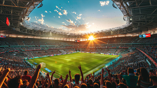 panoramic image of a major soccer stadium event, fans cheering, with the sun setting behind the grandstand creating a silhouette effect.
