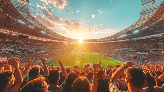panoramic image of a major soccer stadium event, fans cheering, with the sun setting behind the grandstand creating a silhouette effect.