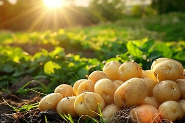 a pile of freshly harvested potatoes in a field, with soft focus on the green foliage in the background - Powered by Adobe