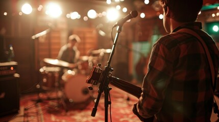 A musician adjusting a microphone stand before a live performance in a small, intimate venue.