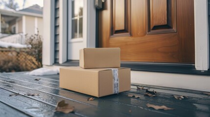 Packages Delivered at Front Door: Cardboard Boxes on Residential Doorstep for Online Orders and Shipping